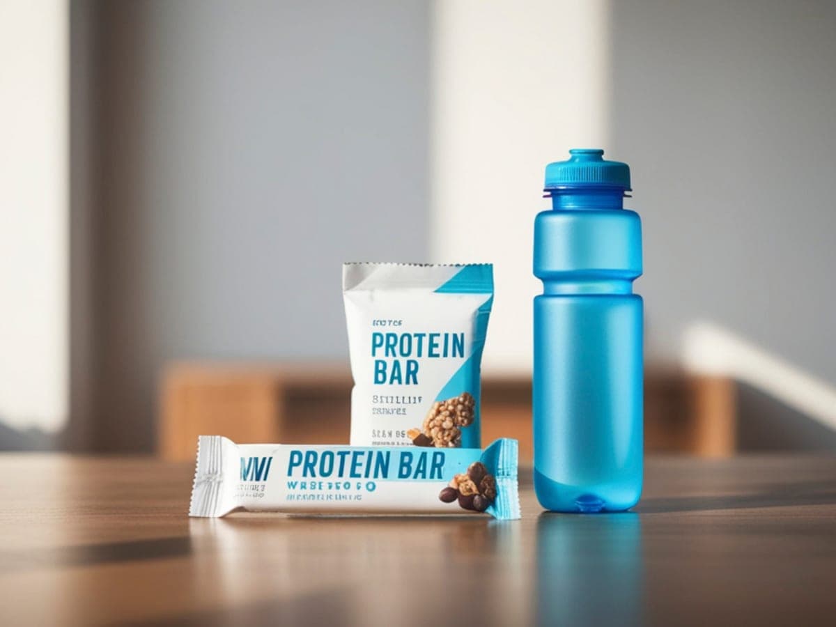 A brand's protein bar and water bottle styled on a sunlit table