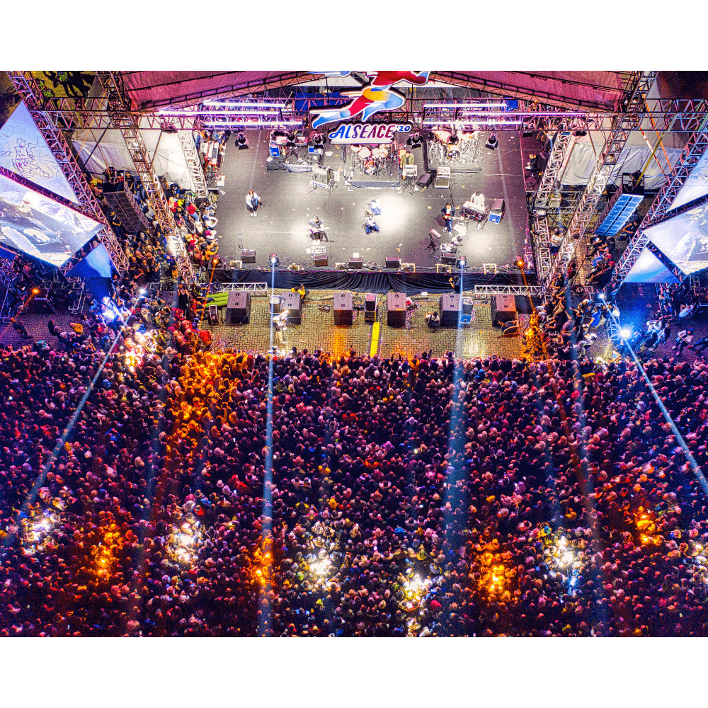A vibrant crowd gathered at a live music event venue